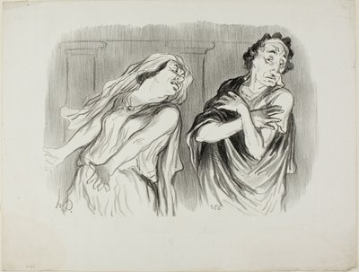 Andromache. "- Perheemme kohtalona oli armoton kuolema, miestäni kidutettiin hengityksensä loppuun asti", laatta 6 teoksesta Physionomies Tragiques. tekijältä Honoré Victorin Daumier