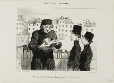 Puhdasta nuoret lukiolaiset, he jopa yrittävät myydä pois heidän latinankielinen sanakirja, levy 24 alkaen Professeurs et Moutards (Professorit ja veijarit) tekijältä Honoré Victorin Daumier