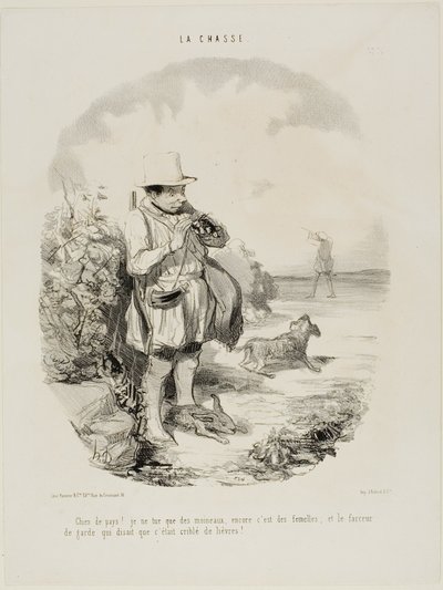 "Pirun maa! Ammun vain varpusia.... ja vain naaraita... ja tämä nerokas vartija vaati, että paikka on täynnä jäniksiä", kilpi 5 La Chassesta. tekijältä Honoré Victorin Daumier