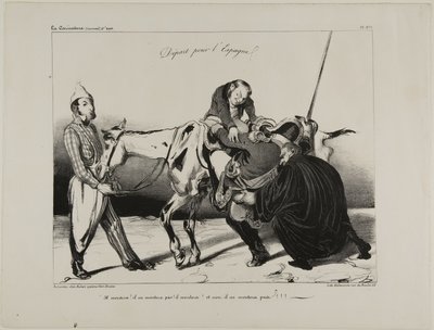 Lähtö Espanjaan. "Hän nousee! hän ei nouse! hän nousee! ja ei, hän ei nouse!!!", lautanen 498. tekijältä Honoré Victorin Daumier