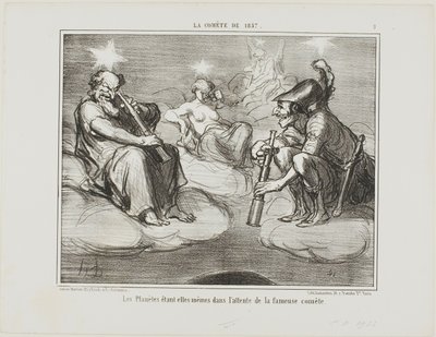 Jopa planeetat seuraavat kiinnostuneina kuuluisan komeetan saapumista, levy 9 teoksesta La Cométe De 1857. tekijältä Honoré Victorin Daumier