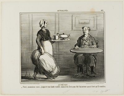 Yrttitee. "- Olkaa hyvä, herra, ajattelin tuoda mukanani koko heinäpakkauksen, jotta voitte itse päättää teenne vahvuudesta", levy 416 Actualitésista. tekijältä Honoré Victorin Daumier