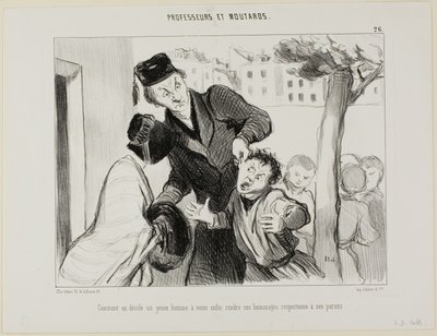 Kuinka saada nuori mies vihdoin oppimaan kunnioittamaan vanhempiaan, levy 26 teoksesta Professeurs et Moutards (Professorit ja veijarit). tekijältä Honoré Victorin Daumier