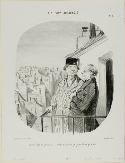 "Asun hieman korkealla... mutta ainakin nautin kauniista näköaloista", levy 8, Les Bons Bourgeois -teoksesta. tekijältä Honoré Victorin Daumier
