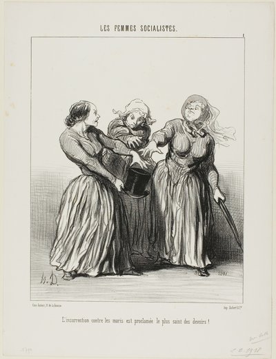 Kapina aviomiehiä vastaan julistetaan elämän ensimmäiseksi ja pyhimmäksi velvollisuudeksi!, levy 1 teoksesta Les Femmes Socialistes. tekijältä Honoré Victorin Daumier