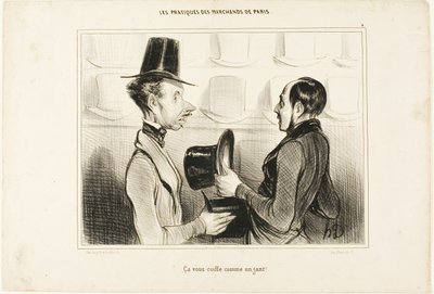 "Se sopii sinulle kuin hansikas!", kilpi 34 Types Parisiens -lehdestä. tekijältä Honoré Victorin Daumier