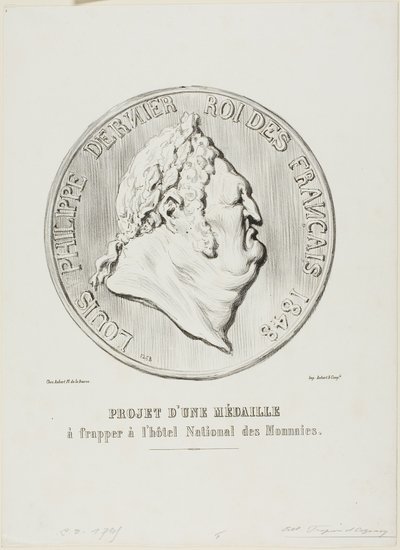 Louis-Philippe, Ranskan viimeinen kuningas 1848. Kansallisen rahapajan valmistaman mitalin luonnos. tekijältä Honoré Victorin Daumier
