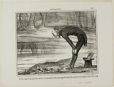 Coste huomaa, että kalat, jotka hän on ottanut vedestä analysoidakseen niiden terveydentilaa, eivät lopulta voi lainkaan hyvin, Actualités-lehti 387. tekijältä Honoré Victorin Daumier