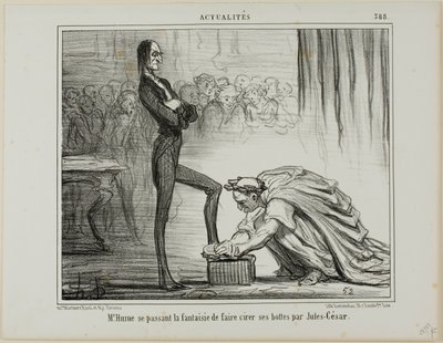 Herra Hume fantasioimassa Julius Caesarista kiillottamassa saappaitaan, laatta 388, Actualités-julkaisusta. tekijältä Honoré Victorin Daumier