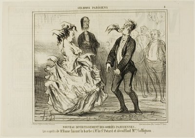 Uutta viihdettä Pariisin iltajuhlissa. Hume ajelee Monsieur de St. Potardin partaa ja avaa Madame Coffignonin hiuksia, levy 8 teoksesta Ces Bons Parisiens. tekijältä Honoré Victorin Daumier
