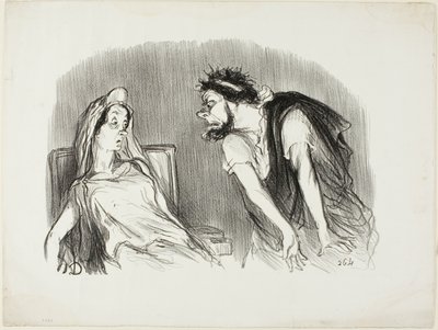 Oedipe. "- Kun miekkani viilsi hänen vertavuotavaan sydämeensä - Te vapisette, madame - Silloin maailma oli hajoamassa", levy kymmenen Physionomies tragiques -teoksesta. tekijältä Honoré Victorin Daumier