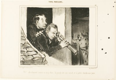 "Voi! On kuin olisimme siellä: pitkä avaa korsettinsa ja pieni etsii kirppua!", levy 27 teoksesta Types Parisiens. tekijältä Honoré Victorin Daumier