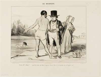 "Anteeksi, pormestari...., olisitteko niin ystävällinen ja kertoisitte minulle, onko uiminen täällä sallittua", lautanen 25 Les Baigneurs -lehdestä. tekijältä Honoré Victorin Daumier