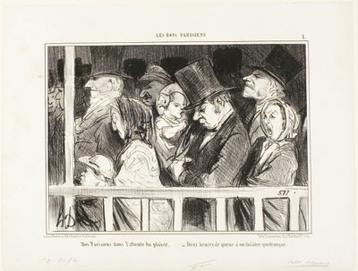 Pariisilaiset odottavat hauskanpitoa. Kaksi tuntia jonossa minkä tahansa teatterin edessä kaupungissa, levy 1 Les Bons Parisiensista tekijältä Honoré Victorin Daumier