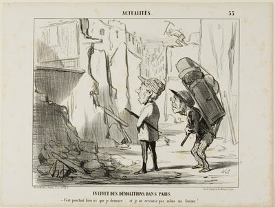 Rakennusten purkamisen tulos Pariisissa. "- Täällähän minä asuin.... enkä löydä enää edes vaimoani", levy 55 Actualitésista. tekijältä Honoré Victorin Daumier