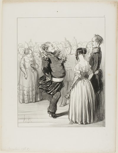 Rifolard avaa pallon ja tekee rohkean tanssiaskeleen eteenpäin, joka saa laajaa kiitosta, levy 5 Les Banqueteurs -lehdeltä. tekijältä Honoré Victorin Daumier