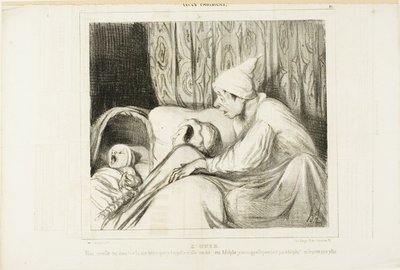 Kuuloaisti. "- Herää Nini!....! Olen soitellut hänelle yli tunnin ajan, ja hän vastaa aina: kyllä Adolphe. Mutta ei lapsen nimi eikä minun nimeni ole Adolphe!", levy 41 teoksesta Types Parisiens. tekijältä Honoré Victorin Daumier