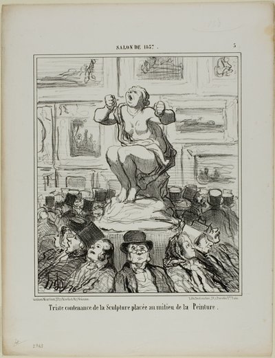 Keskelle maalausten näyttelyä sijoitetun veistoksen tyytymättömyys, levy 5 Salon De 1857 -näyttelystä. tekijältä Honoré Victorin Daumier