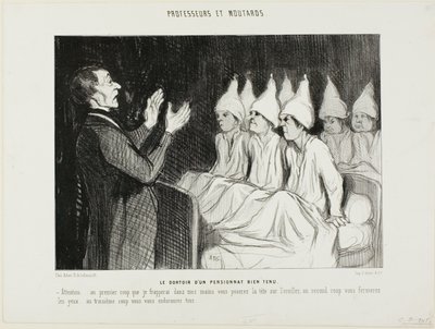 Erään arvostetun sisäoppilaitoksen asuntola, levy 14 teoksesta Professeurs et Moutards (Professorit ja veijarit). tekijältä Honoré Victorin Daumier