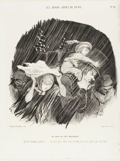 Kansallispäivän ilta. Se ei koskaan petä... menet ulos katsomaan ilotulitusta, ja saat vain vesipeltiä!, levy 20 elokuvasta Elämän parhaat päivät. tekijältä Honoré Victorin Daumier