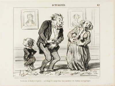 Perheen sisätilat tammikuun 2. päivänä - tai kohtuuttoman epähygieenisten makeisten nauttimisen vaara, levy 62 Actualités-julkaisusta. tekijältä Honoré Victorin Daumier