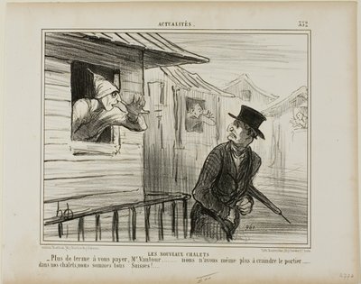 Uudet korttelitalot. "- Ei enää vuokraa maksettavaksi, Monsieur Vautour... emmekä enää pelkää talonmiestä..... mökissämme olemme kaikki sveitsiläisiä," plate 332 from Actualités tekijältä Honoré Victorin Daumier