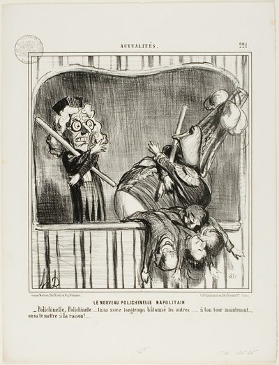 Uusi napolilainen pelle. "- Polichinelle, Polichinelle, olet mätkinyt muita tarpeeksi kauan... nyt on sinun vuorosi. Saamme sinut järkiinsä...", levy 221 Actualitésista. tekijältä Honoré Victorin Daumier