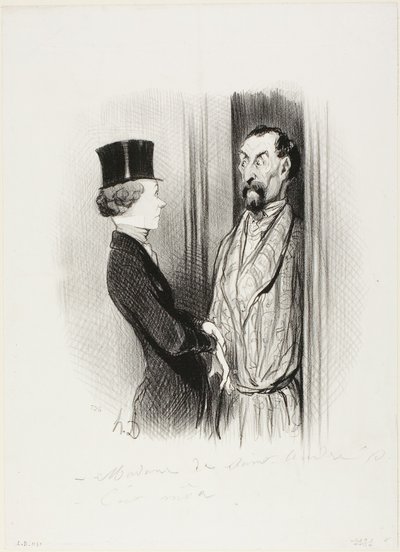 Rendez-Vous. "- Madame Eudoxie Blancminet" - Madame Eudoxie Blancminet - Se olen minä, herra... Miten voin auttaa", levy 44 teoksesta Les Beaux Jours De La Vie... tekijältä Honoré Victorin Daumier