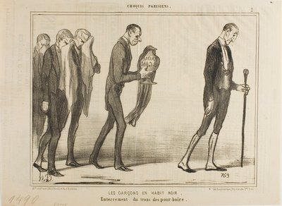 Tarjoilija mustissa puvuissa. Tippilaatikon hautajaiset, levy 2 Croquis Parisiens -teoksesta. tekijältä Honoré Victorin Daumier
