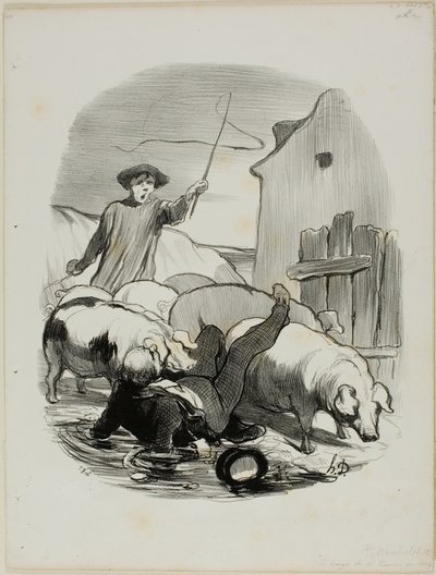 Vaara jäädä kiinni jyrkänteen takaa-ajosta, levy 12 Pastoralesista. tekijältä Honoré Victorin Daumier