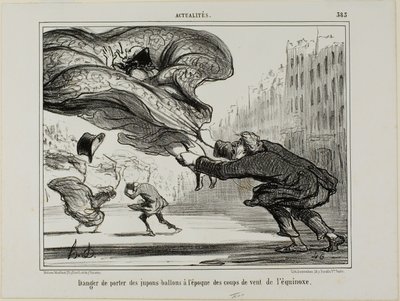 Rengashameiden käytön vaara äkillisen kevätmyrskyn aikana, laatta 26 La Crinolomanie -lehdestä. tekijältä Honoré Victorin Daumier