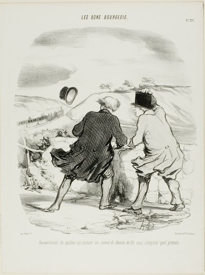 Junasta poistumisen hankaluus, vaikka vain hetkeksi ja millä tahansa tekosyyllä, laatta 29 teoksesta Les Bons Bourgeois. tekijältä Honoré Victorin Daumier