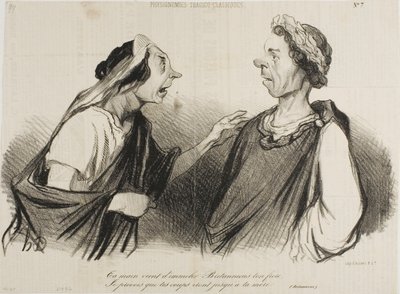 "Sinun kätesi tulee tappamaan veljesi Britannicuksen. Ennustan, että iskusi osuvat pian äitisi kohdalle", levy 7 teoksesta Physionomies Tragico-Classiques. tekijältä Honoré Victorin Daumier