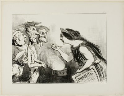 Liian monta kokkia pilaa liemen. "- Tämä todella maistuu huonolta ruoanlaitolta", levy 142 Actualitésista. tekijältä Honoré Victorin Daumier