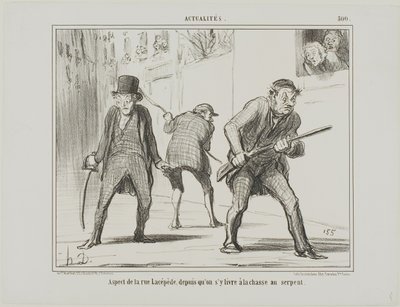 Näkymä Rue Lacépède -kadulta käärmeen metsästyksen aikana, laatta 500, Actualités-julkaisusta. tekijältä Honoré Victorin Daumier