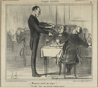 "Haluaisiko Monsieur crêpejä... - Hänen on täytynyt olla hautausurakoitsija", levy viisi teoksesta Croquis Parisiens (Pariisilaiset luonnokset). tekijältä Honoré Victorin Daumier