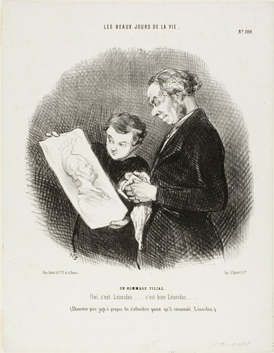 "Kyllä, se on Leonidas...... No Question, it is Leonidas!" (Onnellinen isä pitää sopivana liikuttuneena Leonidaksen tunnustamista), levy 100 teoksesta Les Beaux Jours De La Vie tekijältä Honoré Victorin Daumier