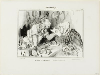 "Sinä haistelet kauppatavaraa... ennen kuin ostat sen", levy 32 kirjasta Types Parisiens... tekijältä Honoré Victorin Daumier