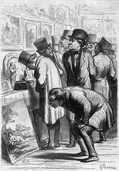 Drouot-hotellin huone, näyttelypäivä. Sarjakuva Honore Daumier (1808-1879). Kaiverrus "" Le Monde Illustré" -julkaisussa nro 265, 10. toukokuuta 1862. tekijältä Honoré Daumier