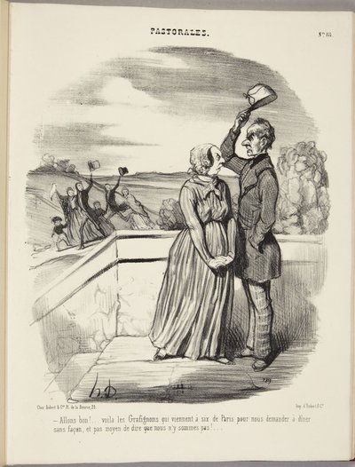 No jopas! Grafignonit tulevat kuuden hengen voimin Pariisista pyytämään meiltä mutkattomasti päivällistä, emmekä voi edes sanoa, ettemme ole kotona! tekijältä Honoré Daumier