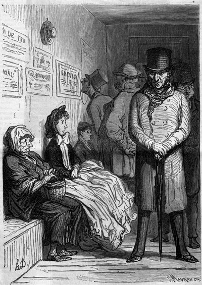 Omnibussin odotuspöytä. Sarjakuva Honore Daumier (1808-1879). Kaiverrus "" Le Monde Illustré" -julkaisussa nro 257, 15. maaliskuuta 1862. tekijältä Honoré Daumier