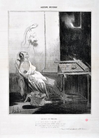 Honore Daumierin (1808-1879) Charivarin taideteos on vuodelta 1842: Serie HISTORIE ANCIE Les Nuits de Penelope "" Hänen suloisesta profiilistaan ​​Ikuisesti hänen suloisilla silmillään loisti kuin tähti Tarkoitus kutoa kolme vuotta ja hänen oveluutensa ja  tekijältä Honoré Daumier