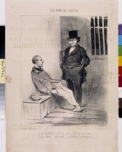 Honore Daumierin (1808-1879) taideteos. Charivari on vuodelta 1845: Serie LES PEANS DE JUSTICE. "" Minua ärsyttää se, että minua syytetään 12 ryöstöstä! - Niitä on kaksitoista... paljon parempia... Vedon monomania""" otteen sanomalehden Le"" Charivari tekijältä Honoré Daumier