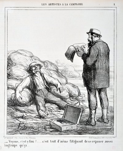 Honore Daumierin (1808-1879) taideteos. Charivari on vuodelta 1865: Serie LES ARTISTS KAMPANJASSA "" - Katsotaan, onko se ohi?... On edelleen väsyttävää levätä niin kauan kuin se...” KAUPUTAIDEMUSEO - PALACE LONGCHAMP, MARSEILLE tekijältä Honoré Daumier