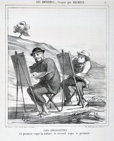 Honore Daumierin (1808-1879) taideteos. Charivari on vuodelta 1865: Serie LES ARTISTS Les paysagistes. "Ensimmäinen kopioi luontoa, toinen kopioi ensimmäistä"" MUSEE DES BEAUTS ARTS - PALAIS LONGCHAMP, MARSEILLE tekijältä Honoré Daumier