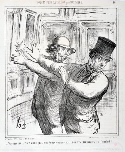 Honore Daumierin (1808-1879) taideteos. Charivari on vuodelta 1865: Sarjaluonnokset Salonissa "" - Älkäämme olko näin porvarillisia... ihailkaa ainakin tätä Courbetia! "" KUUTATAIDEMUSEO - PALACE LONGCHAMP, MARSEILLE tekijältä Honoré Daumier