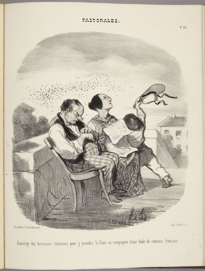 Italialaisten terassien etu vilvoitteluun suuren ranskalaisserkkujoukon seurassa tekijältä Honoré Daumier