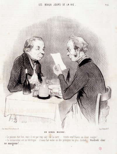 Sarjakuva rakkaasta elämästä. Sarja "" Elämän kauniit päivät"": Laiha illallinen..." Kaiverrus Honore DAUMIER (1808-1879). Ote sanomalehdestä "" Le Charivari"" 18. lokakuuta tekijältä Honoré Daumier