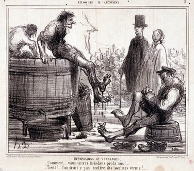 Sarjakuva "Autumn Sketch" -sarjasta paljain jaloin viinirypäleitä tallaavista harvestereista tekijältä Honoré Daumier