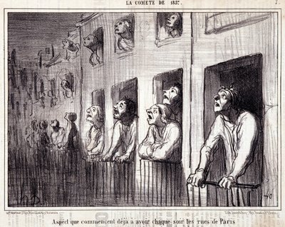 Sarjakuva tieteestä. Serie Sur "" la Comete de 1857"": "" Näkymä, joka alkaa jo olla joka ilta Pariisin kaduilla"". Kaiverrus Honore DAUMIER (1808-1879). Ote sanomalehdestä "" Le Charivari"". Koko 38 x 25 cm. Inv D - laatikko 7 Marseille, tekijältä Honoré Daumier